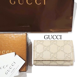 【ほぼ未使用】GUCCI グッチ グッチシマ 6連キーケース レザー シルバー金具 138093 オフホワイト アイボリー ライトグレー【送料無料】