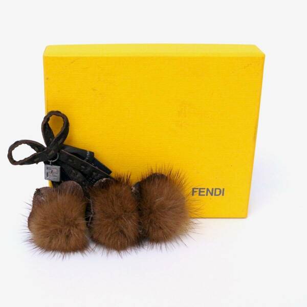 フェンディ チャーム ブローチ コサージュ ファー リボン ボンボン ファー レザー 本革 茶 ブラウン brown Fendi