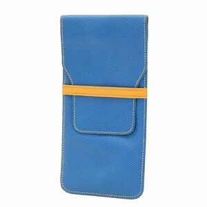 エルメス □B クシュベル ペンケース メガネケース 筆入れ レザー 本革 青 ブルー Blue 黄色 イエロー Yellow HERMES