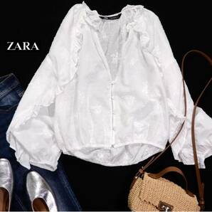ザラ ZARA 大人可愛い☆ ドットジャガード フリル 刺繍 デザインシャツブラウス Mの画像1