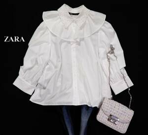 ザラ ZARA 大人可愛い☆ カットワーク刺繍 デザインカラー ふっくら袖 シャツブラウス XS