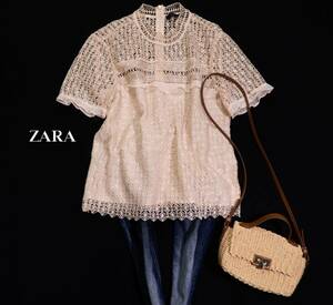 ザラ ZARA WOMAN 大人素敵☆レース切り替え プルオーバー ブラウス トップス L