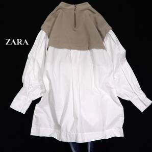 ザラ ZARA 大人素敵スタイル☆異素材切り替え レイヤード風 ロング シャツ プルオーバー Sの画像2