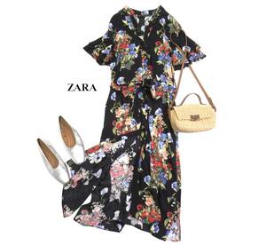 ザラ ZARA BASIC 大人素敵スタイル☆ 大振りフラワー フレアスリーブ ウエストマークリボン ロングワンピース M