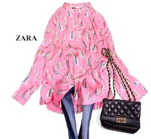 ザラ ZARA 大人素敵スタイル☆ビル群プリント キレイ色 オーバーサイズ とろみシャツ ブラウス M