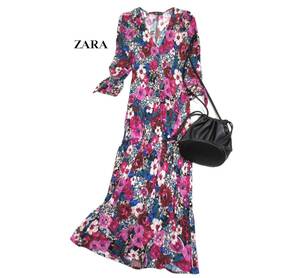 ザラ ZARA 大人素敵スタイル☆ 花柄 水彩 手書き風フラワープリント 総柄 袖先リボン デザインロングワンピース S