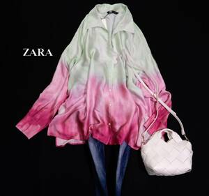 未使用 ザラ ZARA 大人素敵☆キレイ色 グラデーション 微光沢 サテン オーバーサイズ とろみ シャツ ブラウス やや訳あり L 