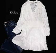 ザラ ZARA 大人可愛い☆ カットワーク刺繍 パンチングレース プルオーバー デザイン ロングシャツチュニックワンピース L_画像2