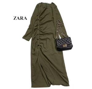 ザラ ZARA 大人素敵スタイル☆ バックファスナー サイドギャザーボタンデザイン スリット ロングワンピース M