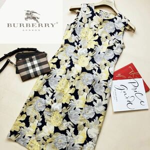 M16【極上リネン100%】参考価格15万●超美品BURBERRY●華やかなシルエット●高級リネンワンピース バーバリー レディース M