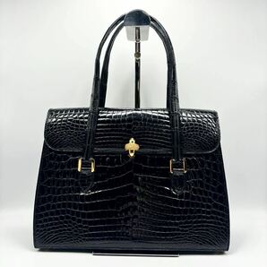 240329-MORABITO モラビト クロコダイルレザー ハンドバッグ 本革 高級 ゴールド金具 ブラック 黒 レディース 鞄の画像1