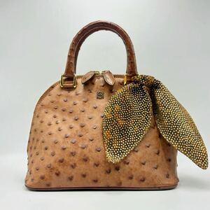 240412-LOEWE ロエベ オーストリッチ 本革 ハンドバッグ レザー ゴールド金具 ブラウン系 アナグラム レディース 鞄