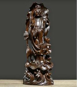 人気新品★仏教美術 精密細工 木彫り　黒檀木 観音菩薩像　仏像　置物 高さ30cm 