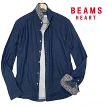 ★1円〜 BEAMS HEART ビームスハート 衿 前立 袖 小花柄 春夏 シャンブレーシャツ デニムシャツ Mサイズ★_画像1