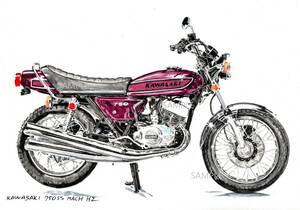 Ａ４プリントです　カワサキ750SS　マッハ　H2B　水彩画　バイクイラスト　　　