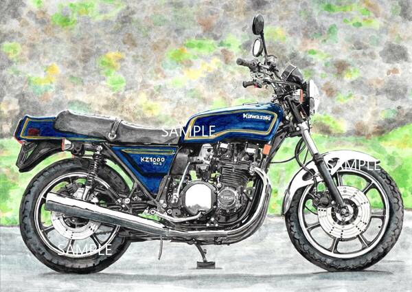 Ａ４プリントです　カワサキ　KZ1000ＭｋⅡ②　水彩画　バイクイラスト　　　