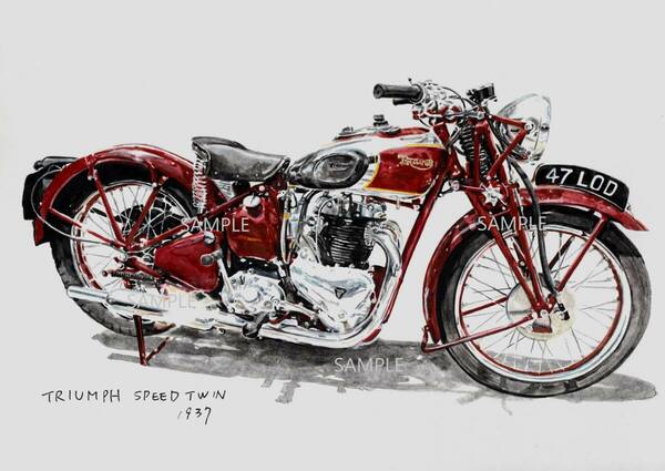 Ａ４プリントです　トライアンフ　スピードツイン　1937　水彩画　バイクイラスト　　　