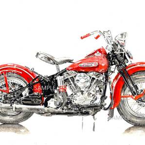 Ａ４プリントです　ハーレーダヴィッドソン　1948EL　パンヘッド　水彩画　　バイクイラスト　　
