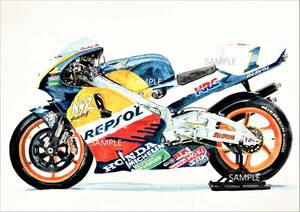 Ａ４プリントです　レプソルホンダNSR500　Ｍ．ドゥーハン　水彩画　　バイクイラスト　　　