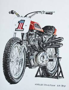 原画です。ハーレーダヴィッドソン　XR750　水彩画　バイクイラスト