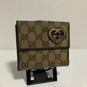 美品　GUCCI グッチ GGキャンバス　ハート　ダブルホック　折り財布　ブラウン