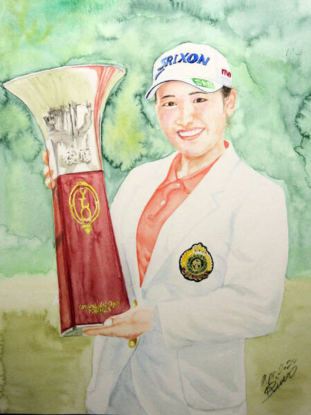 【似顔絵サンプル販売】JLPGA　2024ヤマハレディース　優勝　プロゴルファー　女子　透明水彩描き下ろし　約30.5×22.5cm