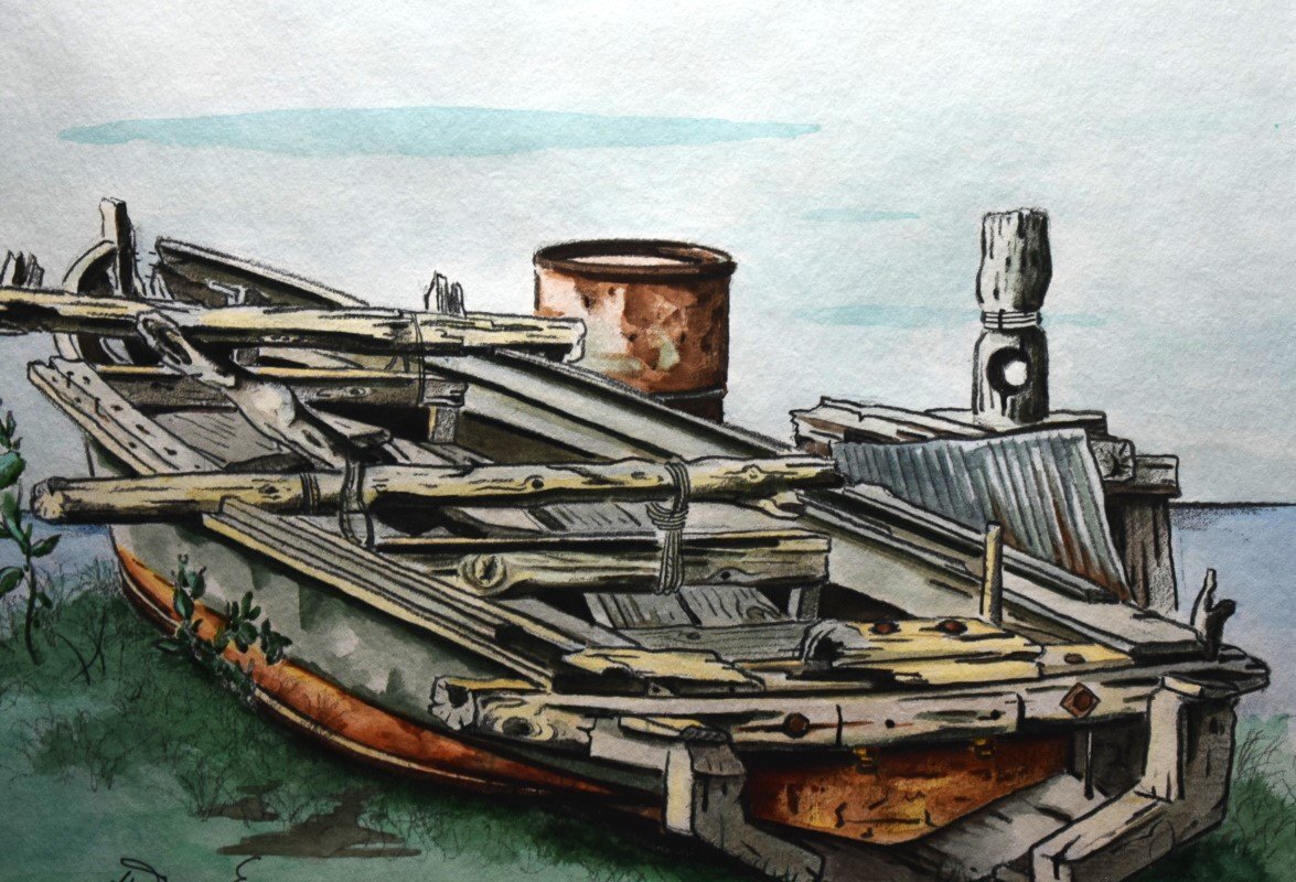 Hideo Endo watercolor painting Abandoned Ship [Masami Gallery, established 53 years ago, with a proven track record and trust], Painting, watercolor, Nature, Landscape painting