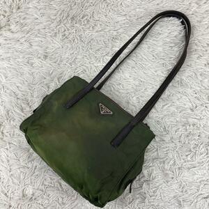 1円〜【超希少】PRADA プラダ ミニトートバッグ ハンドバッグ 三角ロゴ ナイロン カーキ 白タグ レザー 肩掛け トラインアングルロゴ