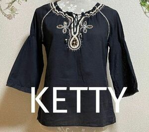 ★KETTY トップス 七分袖　刺繍アジアンテイストカットソー★ 黒 七分 ブラウス カットソー