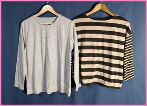 TSET‐２１３☆春夏☆新品☆送料込み☆即決☆ナチュラル系☆Tシャツ☆２枚セット☆Ｍ～Ｌ☆グレーとベージュ×こげ茶色☆ボーダー