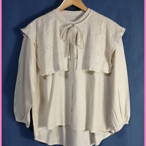 BLS‐47☆春夏秋☆新品☆送料込み☆即決☆ナチュラル系☆綿麻混☆M~Lサイズ☆ブラウス☆クリーム色☆付けえり☆ゆったり☆刺繍