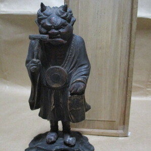 木彫　鬼の念仏　珍品　古箱付き　Q81-1