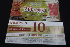 安楽亭 株主優待　20％割引1枚と10％割引1枚　2024年6月30日まで