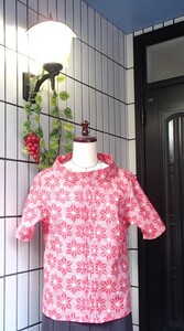  kimono remake hand made pin tuck blouse cotton poly- red color. pretty short sleeves on a grand scale ... collar . wonderful!!