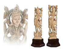 H0129Z3 置物2点「女神像 インドの仏像」 東洋彫刻 細密細工 木台付 縁起物 飾物 インテリア 仏像 仏教美術 時代物 重111g_画像1