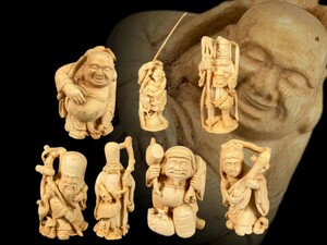 H0116 置物「七福神」 東洋彫刻 細密細工 縁起物 飾物 インテリア 仏像 仏教美術 時代物 箱付 重1987g