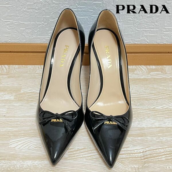 正規品　PRADA パンプス　ブラック　リボン　エナメル