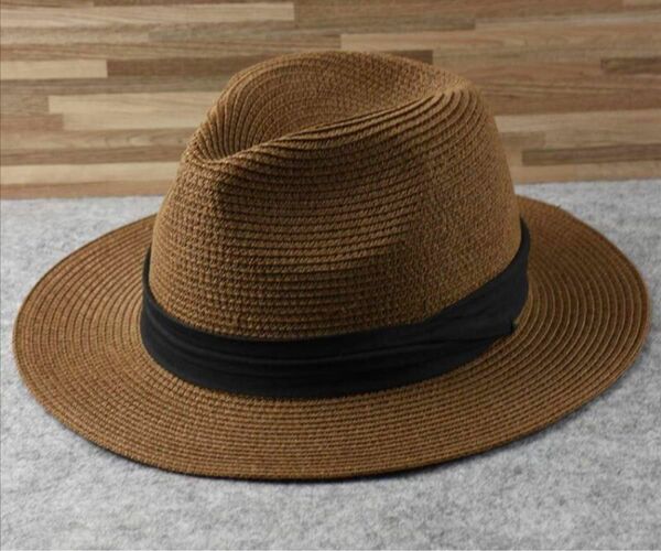 《新品》麦わら帽子 ブラウン 特大61-64 ビッグサイズ 中折パナマハット茶色ユニセックス