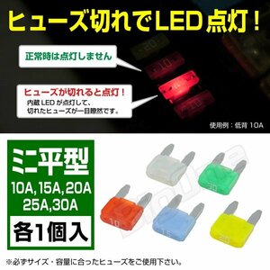 BigOne 切れたら光って知らせる インジケーター内蔵 5個セット ASP ミニ 平型 ヒューズ 10A 15A 20A 25A 30A ETC ドライブレコーダーの接続