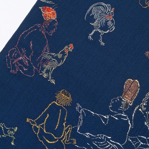 龍村平蔵 袋帯 鶏売りと町人の図 風俗画 濃紺 西陣織 正絹の画像5