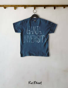 藍染オールドヘインズＴシャツキッズサイズ抜染プリント Indigo dyed Old Hanes Beefy T-shirt Crew Neck Discharge printing Kids Size M