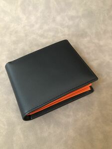 【実物撮影】イタリアンレザー牛革 二つ折り財布 本革 コインケース 小銭入れ メンズ財布　ブラック xオレンジ