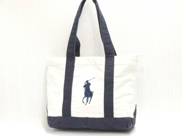 ラルフローレン　トートバッグ　キャンバス　白/紺　Ralph Lauren　18682505