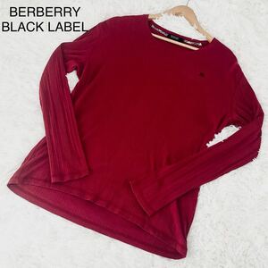 極美品 希少Lサイズ バーバリーブラックレーベル BURBERRY BLACK LABEL ニット セーター 長袖 丸首 トップス ノバチェック ホース刺繍 赤 3