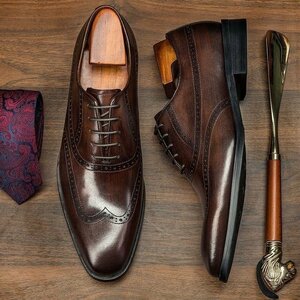 メンズビジネスシューズ　メンズシューズ 紐靴　牛革　本革　革靴　フォーマル　紳士靴　イギリス風 歩きやすい 快適　コーヒー　25.5cm