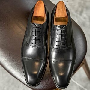 ビジネスシューズ　メンズシューズ　ロングノーズ　紐靴　牛革　本革　革靴　フォーマル　紳士靴　通勤　快適　ブラック　24.5cm