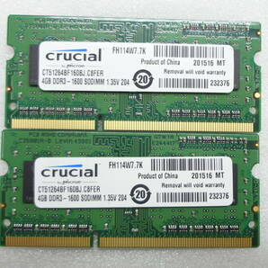 ノートパソコン用メモリ crucial DDR3-1600 SODIMM 1.35V 204 4GB × 2枚組 中古動作品(w721)の画像1