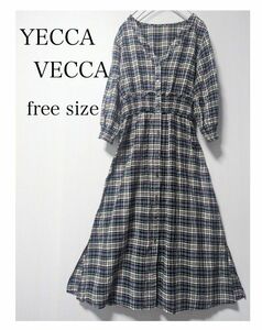 YECCA VECCA チェック ワンピース 7分袖 イェッカヴェッカ シャツワンピ 薄手