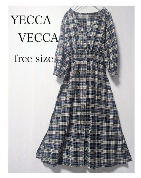 YECCA VECCA チェック ワンピース 7分袖 春 イェッカヴェッカ シャツワンピ