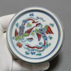 古茶道具 中国古磁 闘彩 鳳凰紋 壺承 壺置 杯置 花台 在銘